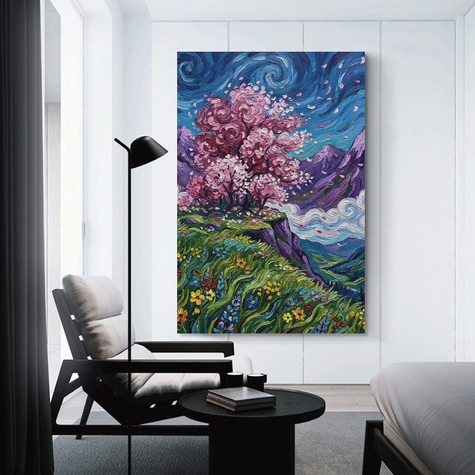 Junmoney Wall Decor Canvas Print Cherry Blossom Tree Landscape Painting, 12x18inch(30x45cm), for Bedroom Walls, Guest Spaces Or Lounges, Decorative Wall Art for Cosy Rooms