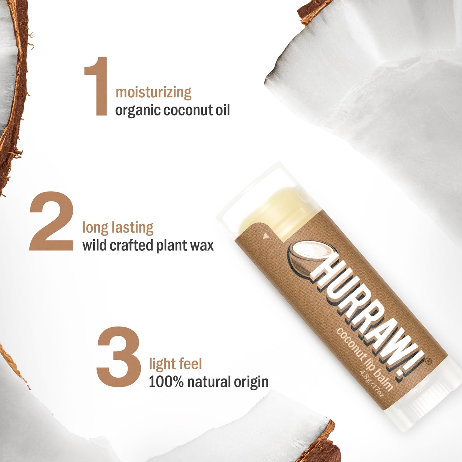 Hurraw! Coconut Lip Balm, 5 Pack: Organic, Certified Vegan, Cruelty and Gluten Free. Non-GMO, 100% Natural Ingredients. Bee, Shea, Soy and Palm Free. Made in USA