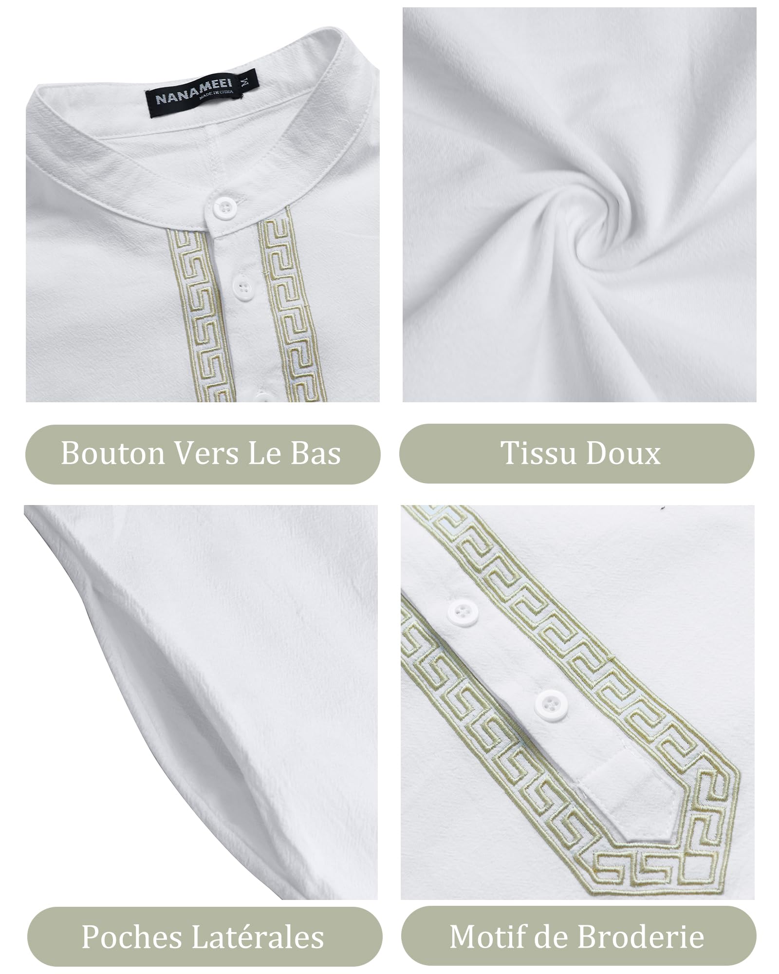 NANAMEEI Musulman Qamis Homme Manches Longues Djellaba Marocaine Abaya Caftan Robe Patte de Boutonnage Col Mao