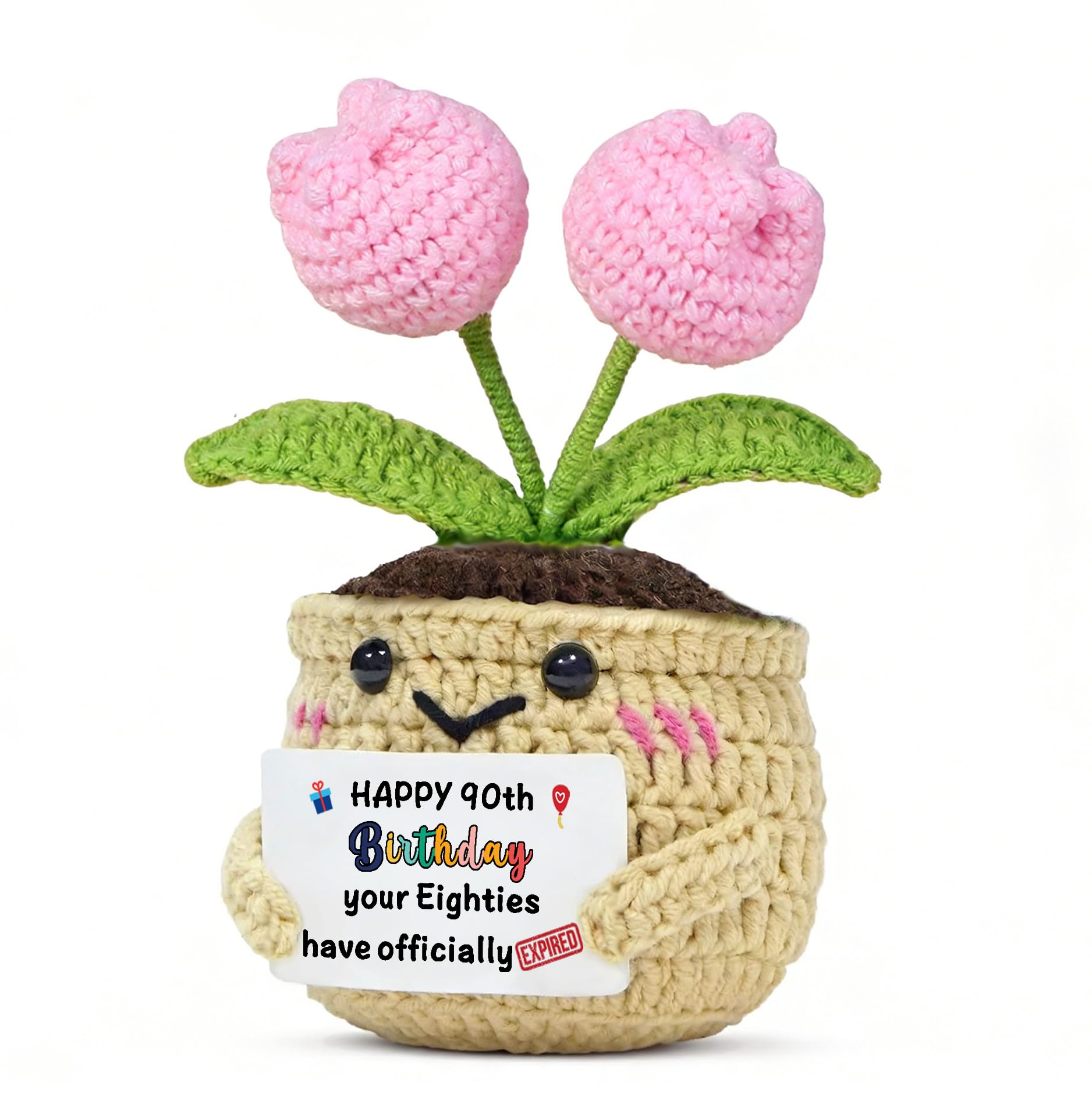 JETTOP 90th Birthday Gifts for Women-Handmade Crochet Tulip Gifts Your Eighties Has Expired