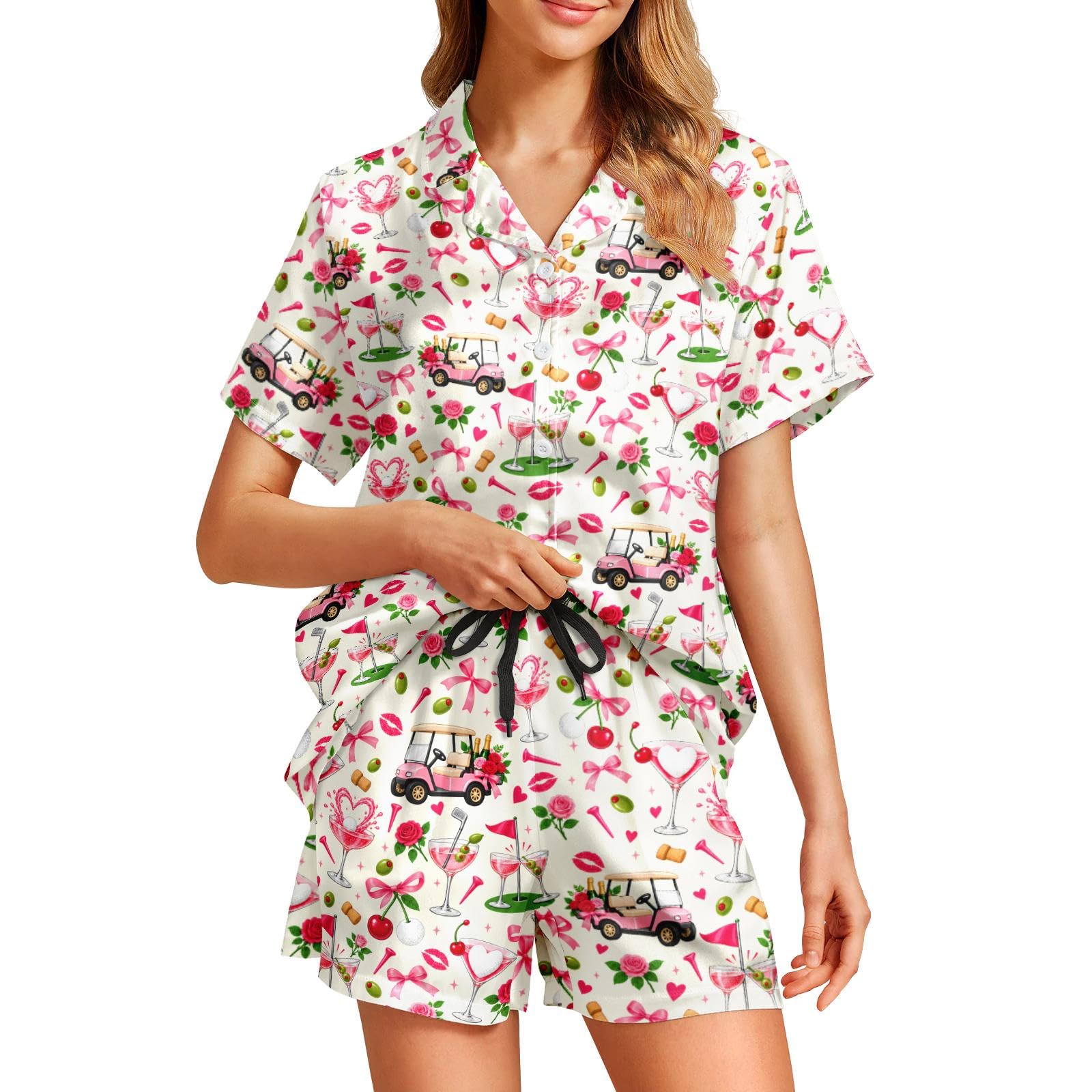 Funny Pajamas for Women Set Print Satin Loungewear Pjs Short Sleeve Button Down Top and Shorts Sets Sleepwear XS-3XL