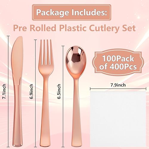 Miniatura 2 de Juego de 400 cubiertos de plástico de oro rosa preenrollado, cubiertos de oro rosa resistente, incluye 100 utensilios desechables envueltos con