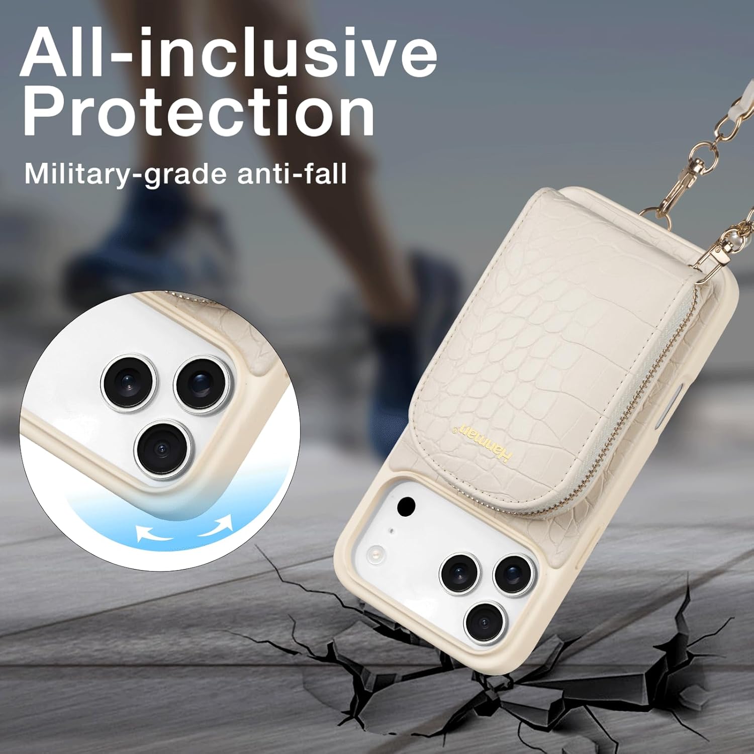 Hanman Magnetic Wallet Case for iPhone 17 Pro Max,RFID Blocking Leather Zipper Purse Magnetic Case with Chain Patche for iPhone 17 Pro Max,2 in 1 Detachable Magnetic Wallet Cover-Beige