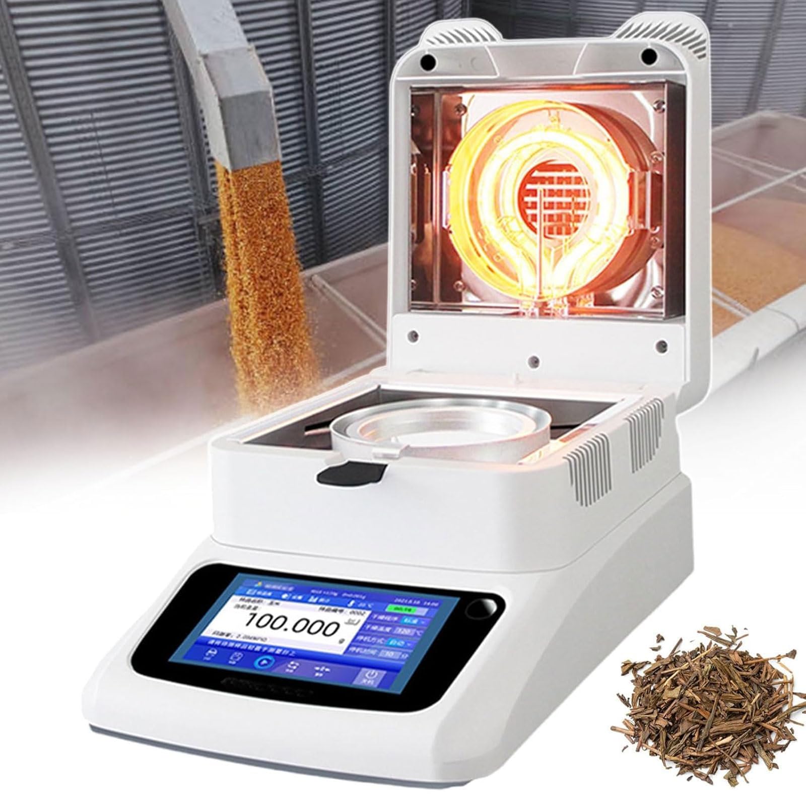 Analizator wilgoci, elektroniczny miernik halogenowy, przenośny zakres 40-230°C, ogrzewanie 450 W, pojemność 120 g, precyzja 0,001 g, automatyczne wyłączanie roślin, ziół, mąki