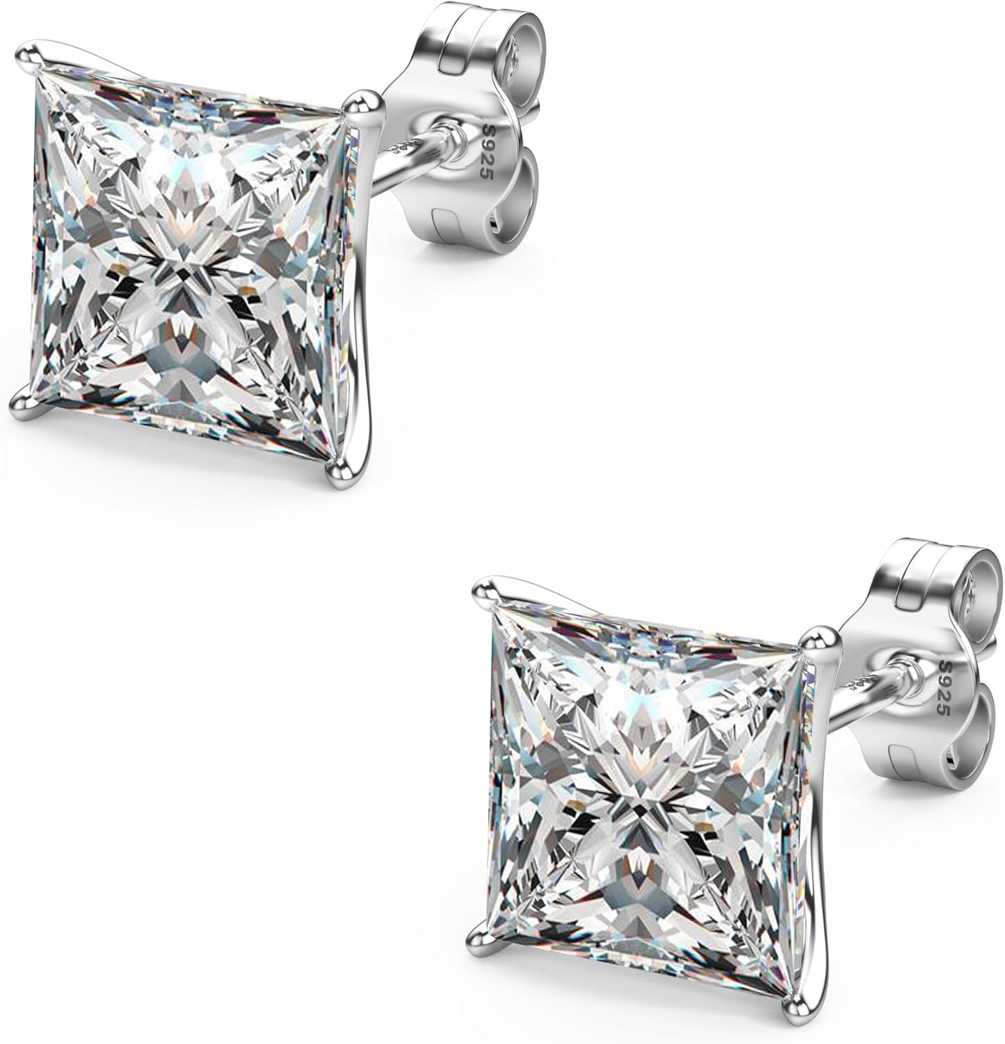 18K White Gold Plated Princess Cut Cubic Zirconia Stud Earrings for Men Women, Square Simulated Diamonds Sterling Silver Post – Hypoallergenic CZ Earring Studs Jewelry Gifts