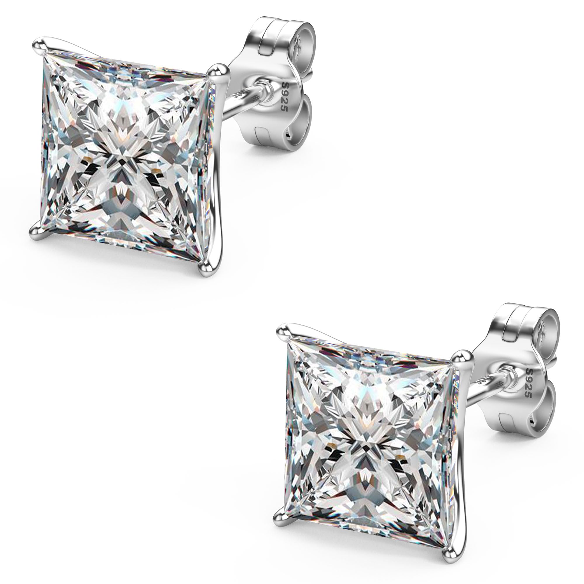 18K White Gold Plated Princess Cut Cubic Zirconia Stud Earrings for Men Women, Square Simulated Diamonds Sterling Silver Post - Hypoallergenic CZ Earring Studs Jewelry Gifts