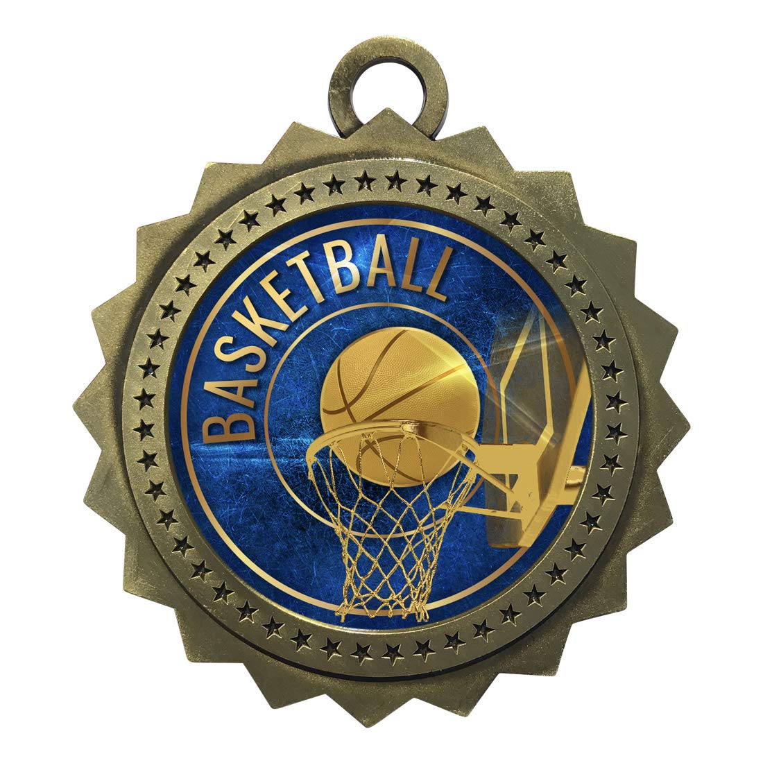Custom Engraved Large 3 inch Die-Cast Metal Award Medallion with Antique Gold Finish and Attached 2 Inch Full Color Laminated Sport Insert.