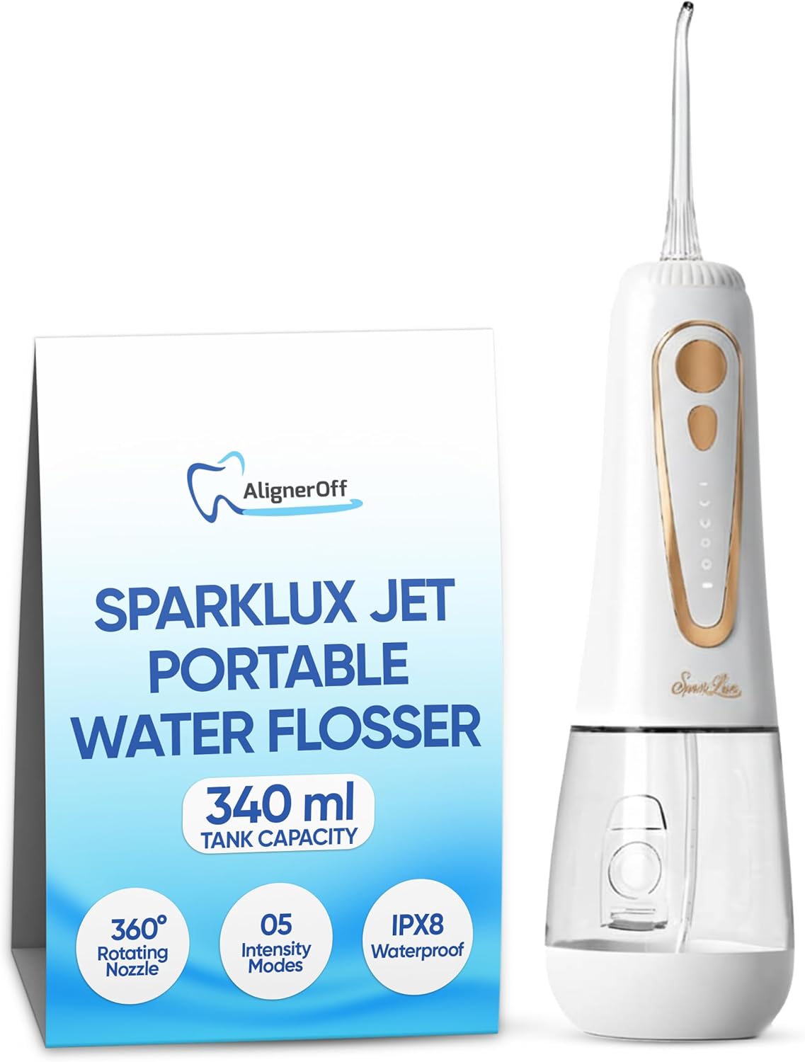 SparkLux Cordless Water Flosser – Portable Rechargeable Oral Irrigator, Waterproof Design, Multiple Pressure Modes |Sleek White Finish with Rose-Gold Trim