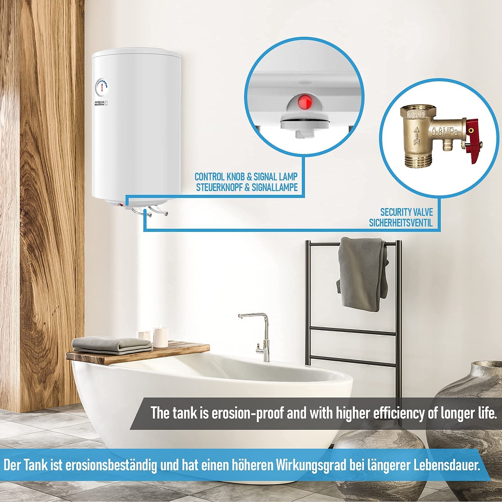 Aquamarin® Chauffe-Eau Électrique - Modèle ANTI-CALCAIRE, Réservoir avec Capacité de 50 Litres, Thermostat à 75°C, 1.5 kW, CEE : C - Ballon d'Eau Chaude