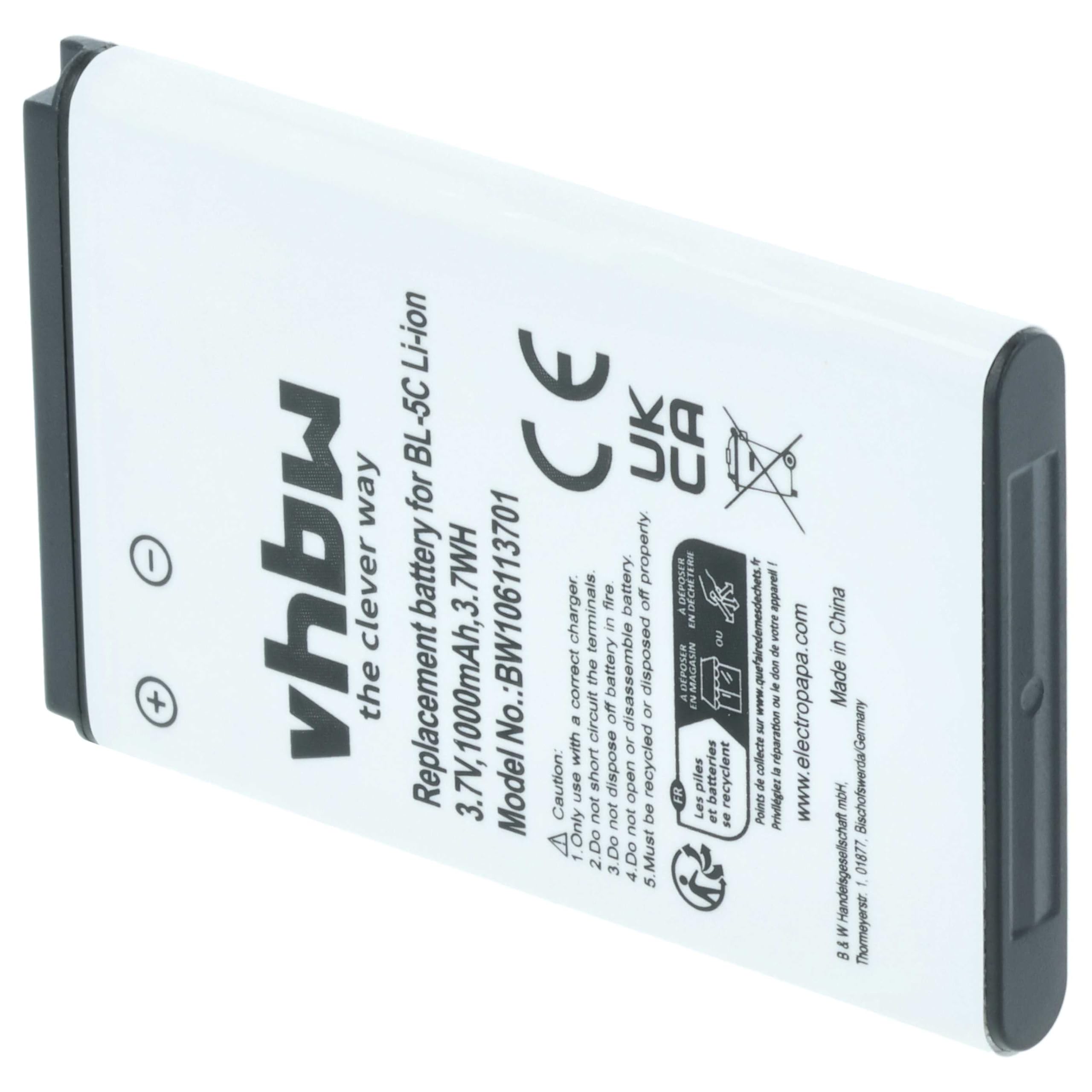 vhbw Akku Ersatz für Nokia 0106G20624418, BL-5C, BL-5CA, BL-5CB, RTX 60020436, 0670397417535 für Handy Smartphone Telefon (1000 mAh, 3,7 V, Li-Ion)