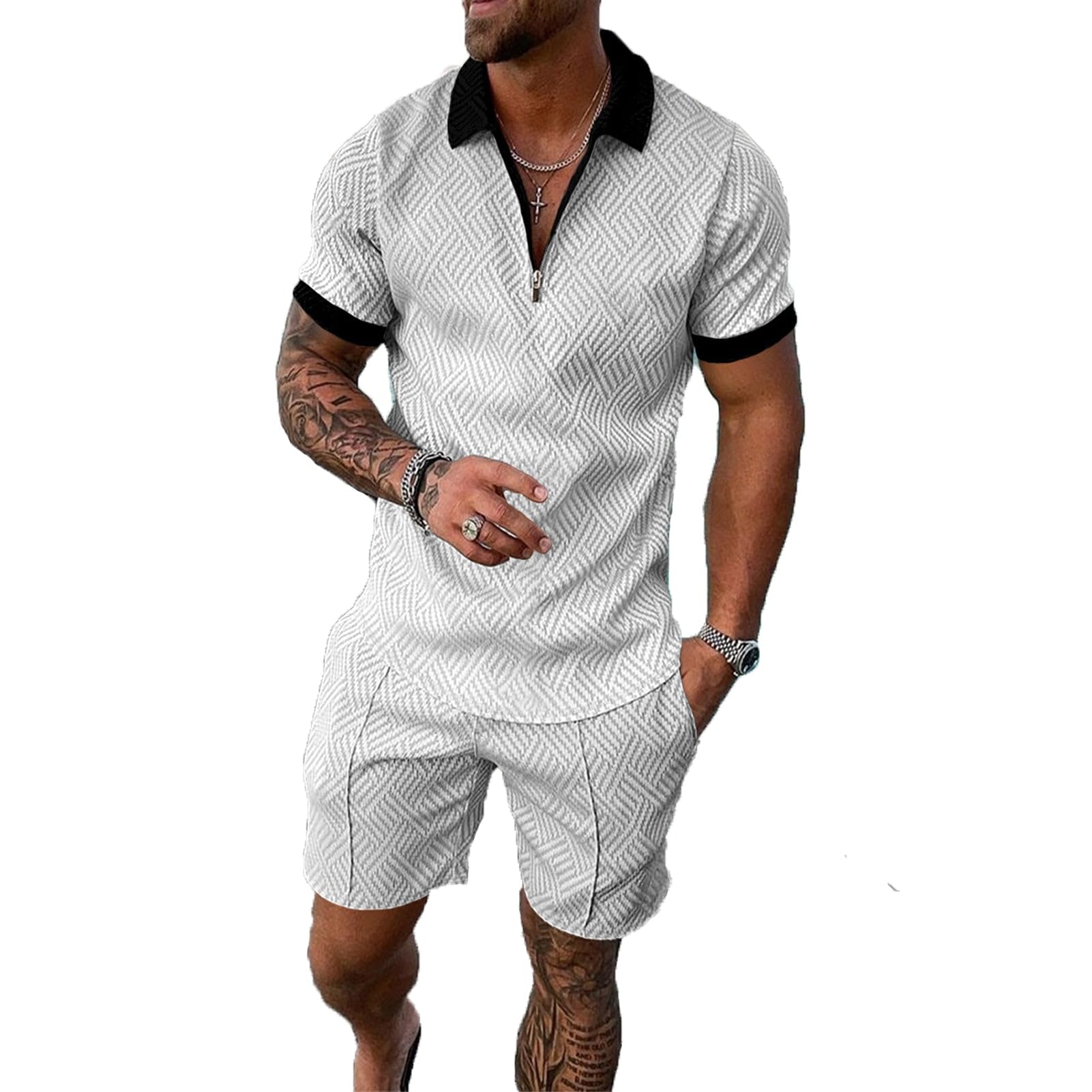 Kubsid Black Collar Mixed White M Men Track Suits 2 Piece Set Summer Casual Outfits Fashion Polo Shirts Short Sleeve and Shorts Set Vacation Clothes