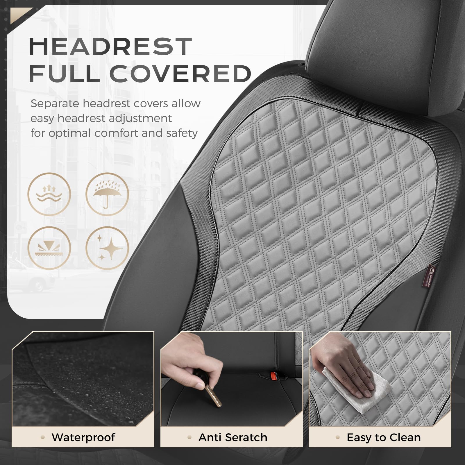 Coverado Coprisedili per auto a 5 posti, set completo di coprisedili in pelle, design testurizzato in fibra di carbonio, protezioni impermeabili durevoli, coprisedili neri e grigi, coprisedili