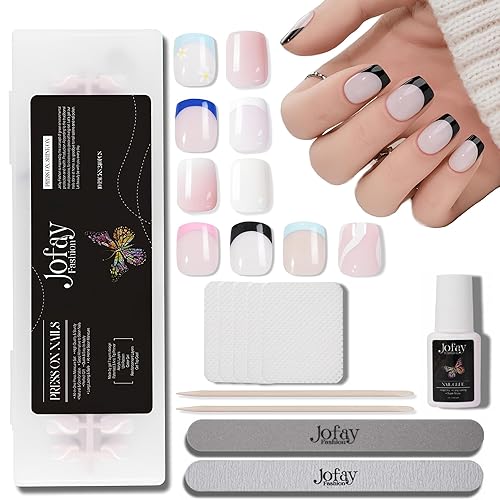 Paquete de 10 (240 unidades) Kit de uñas cortas a presión, uñas postizas cuadradas acrílicas francesas con pegamento, lindo Ajuste natural, uñas