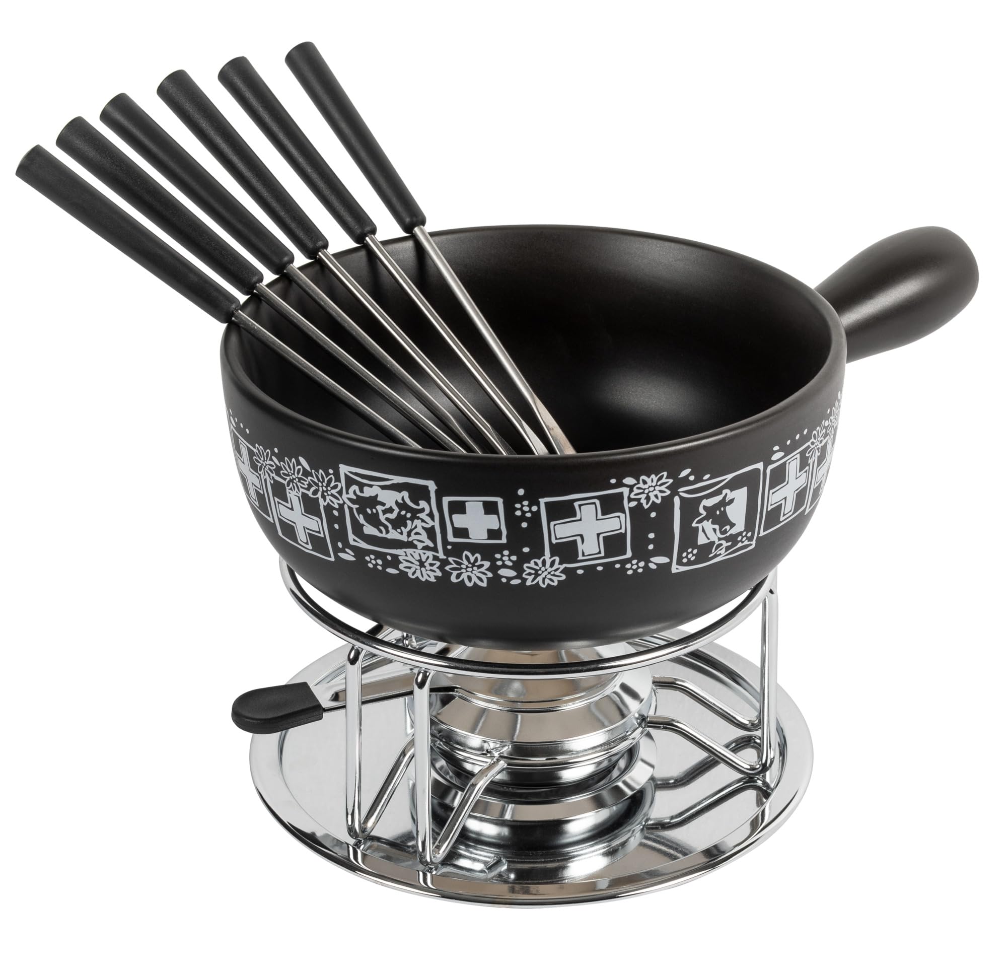KUHN RIKON Set per fonduta di formaggio Suisse nero, Ø 23 cm, 2,6 litri, ideale per 4-6 persone per amici e familiari, il set contiene 6 forchette, un chicco e un bruciatore per pasta