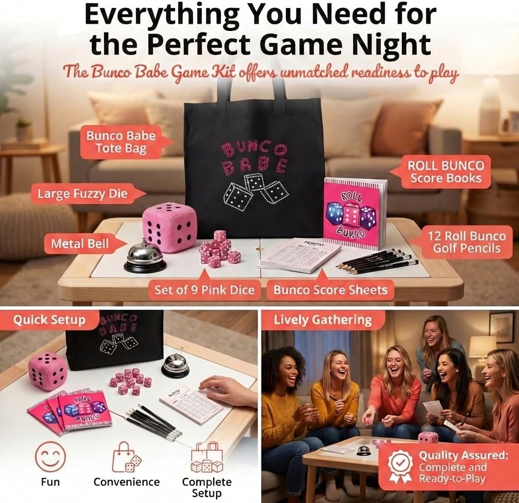 Bunco Babe Game Kit for 12 Players – All-in-One Bunco Party Supplies Starter Set with Tote Bag, Dice, Score Sheets, Pencils, Bell & Plush Die – Ready-to-Play Hostess Kit