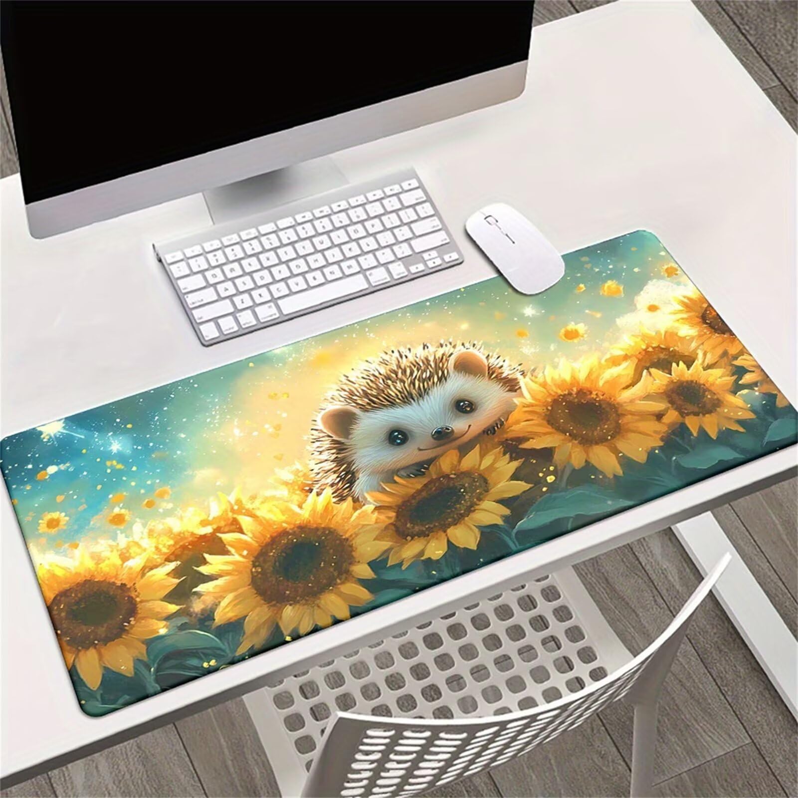 Alfombrilla de Ratón XXL 1000x500x3mm, Alfombrilla de Escritorio Grande Girasol Erizo, Mouse Pad Gaming Antideslizante con Bordes Cosidos para Teclado, PC y Oficina