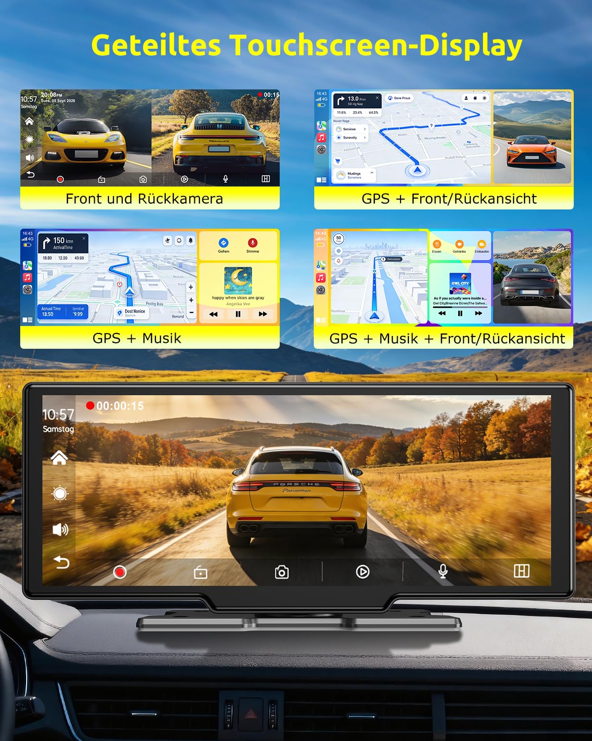ESSGOO 10.26 Zoll Kabelloses CarPlay Display mit 4K Dashcam,1080P Rückfahrkamera & 4 Reifendruckkontrollgeräte Drahtlos CarPlay & Android Auto,Bluetooth 5.3,Mirror Link,GPS,FM,Sprachsteuerung,64GB TF