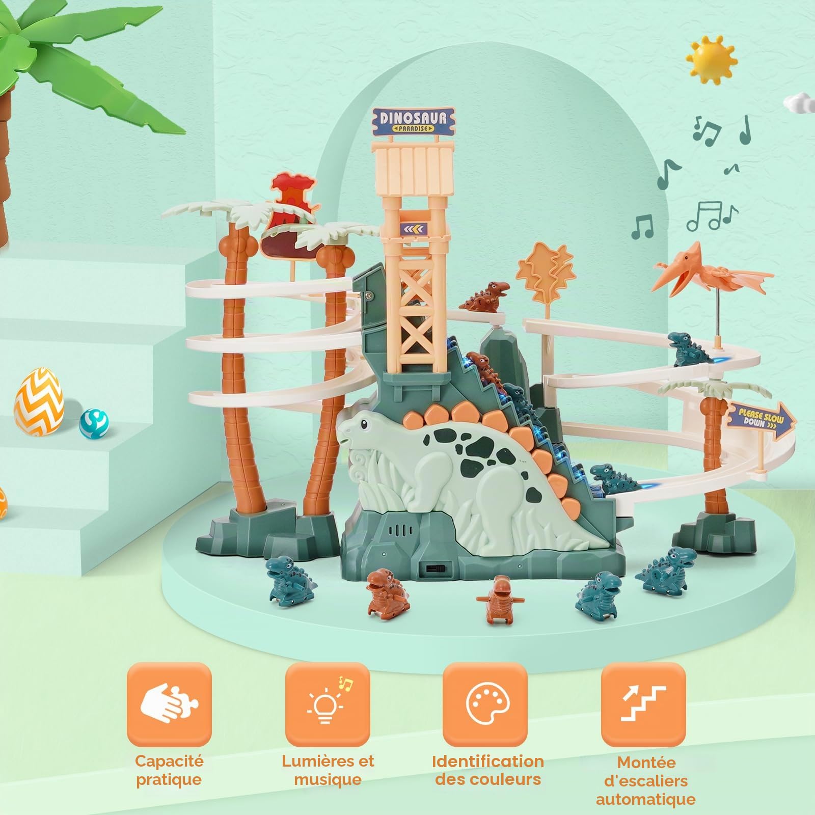Piste de Course Jouet Dinosaure Escalade Escaliers Jouet Double Boucle Toboggan pour Enfants avec Musique Lumière Intelligence Puzzle Éducatif Playset pour Enfants Garçons Filles
