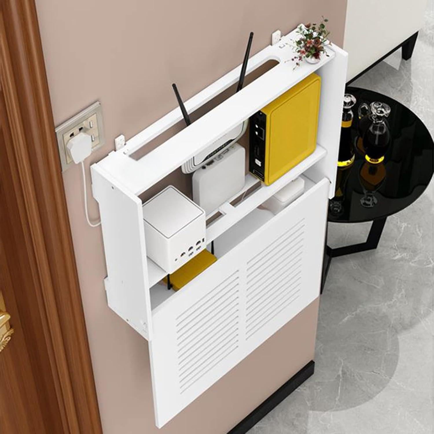 Armadio da parete per router Sto Box, scaffale per organizzare modem e apparecchiature Internet in soggiorno, elegante e funzionale, organizer tecnico per la casa