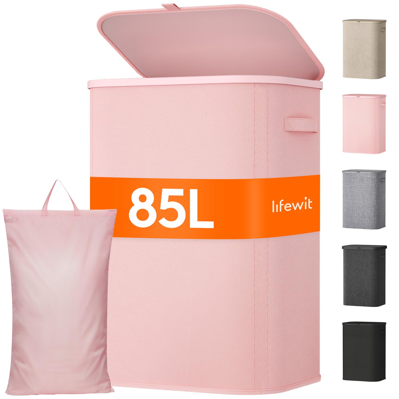 Lifewit 85L Laundry Basket with Lid, Washing Basket with Handles and Bag, Large Foldable Dirty Clothes Organiser with Plastic Frame for Laundry Room, Bedroom, Bathroom, Pink