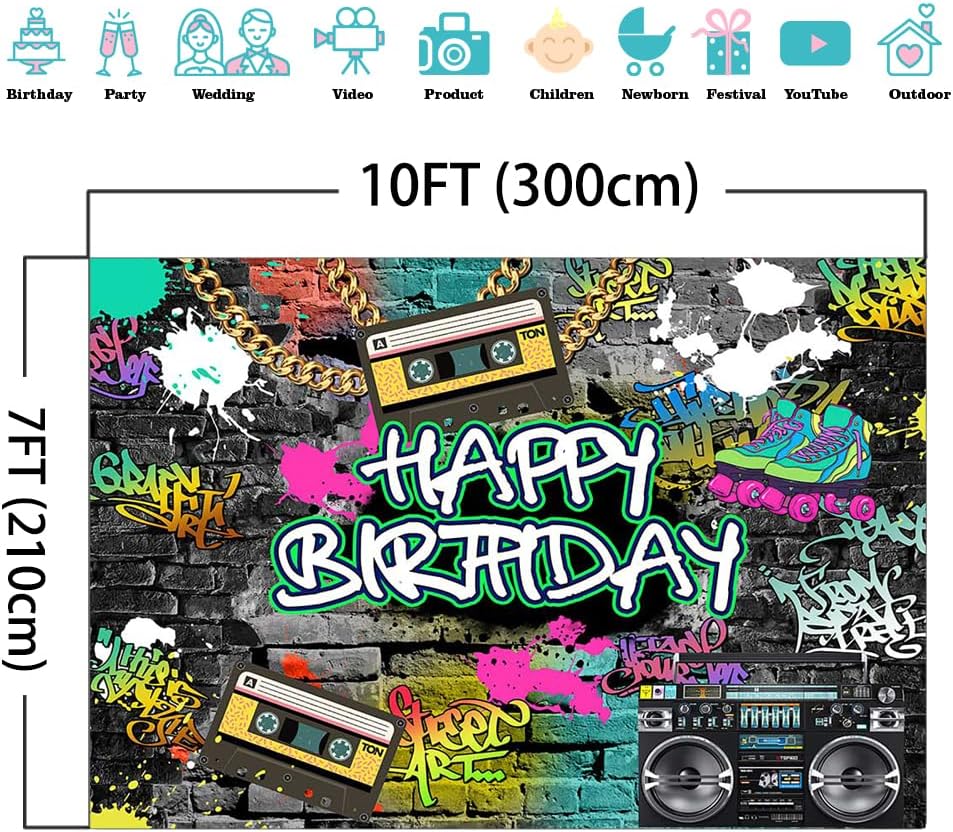 Mocsicka Graffiti 80's 90's Birthday Backdrop Urban Retro Birthday Party Background 80's 90's Hip Hop Rock Party Cake Table Decoration Banner Photo Booth Props (10x7ft)