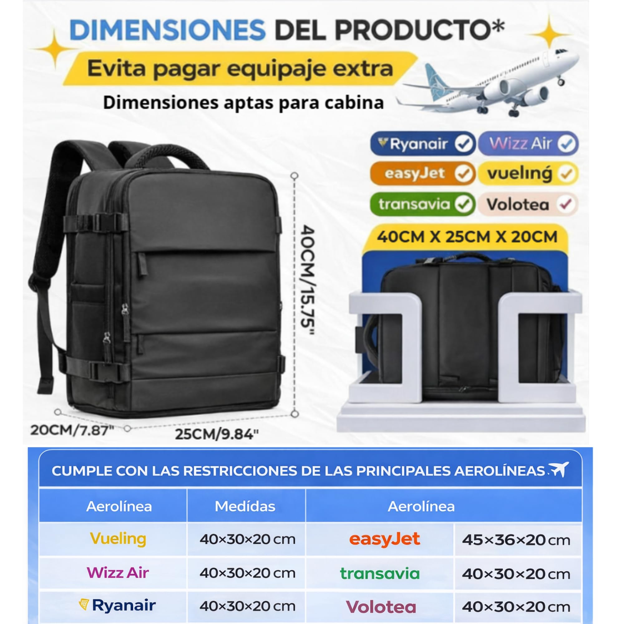 Mochila Viaje Cabina Avion 40x20x25 compatible con Aerolineas Maleta Cabina con apertura 180°, puerto USB y compartimentos organizados Mochila Viaje ligera impermeable Mochila Mujer (Negro)