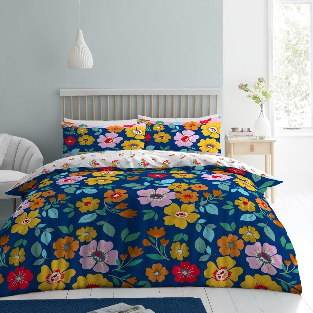 Lions Rose Bedding Set - 3 Piece Blue Double Duvet Cover with Matching Pillowcase, Soft Printed Reversible Poly Cotton floral Quilt Covers, Double Bed, 200x200cm