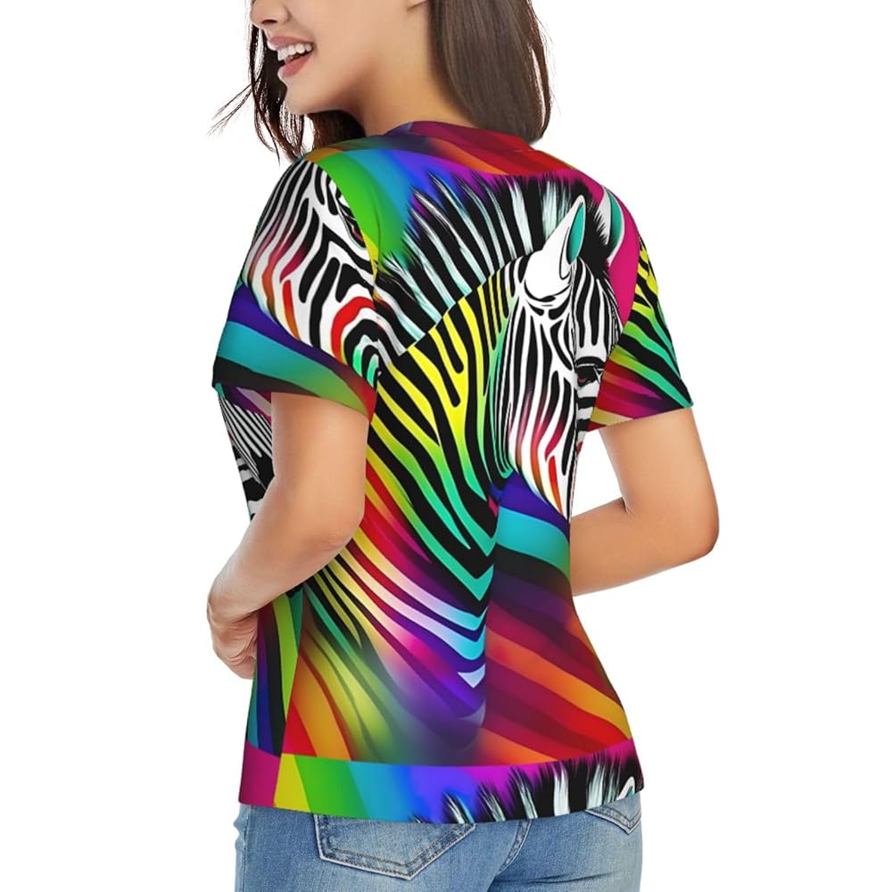 Colorful Rainbow Zebra Print Women's Summer Tops -Casual Yet