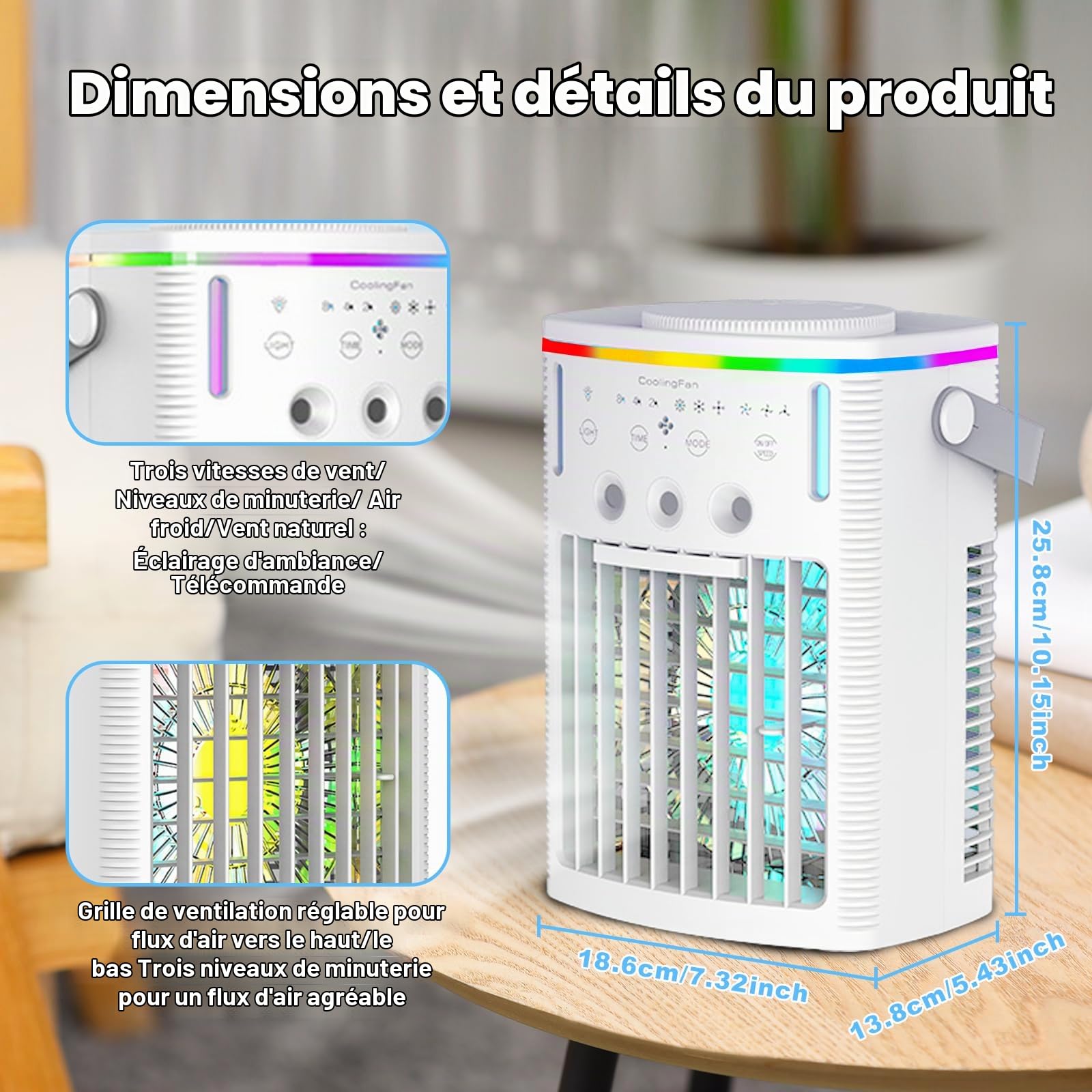Climatiseur portable avec réservoir d'eau de 1000 ml, mini rafraîchisseur d'air, climatiseur 4-en-1 USB avec veilleuse LED 7 couleurs, idéal pour la cuisine, le bureau, la chambre et le camping
