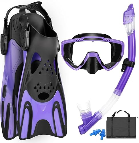 Snorkeling Gear for Adults, Mask Fins Snorkel Set, Panoramic View Diving Mask Anti-Fog, Anti-Leak, Dry Top Snorkel and Dive Flippers with Travel Bag
