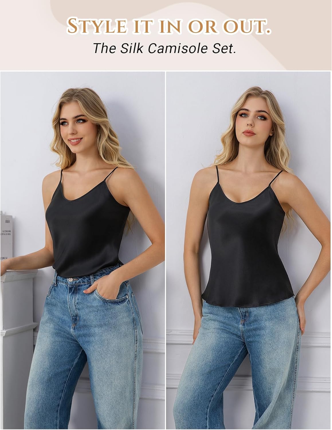 THXSILK 100% Mulberry Silk Women Cami Pajama Set, Tank Top with Shorts Sleepwear, Adjustable Spaghetti Straps, Luxury Pj Set - Image 4