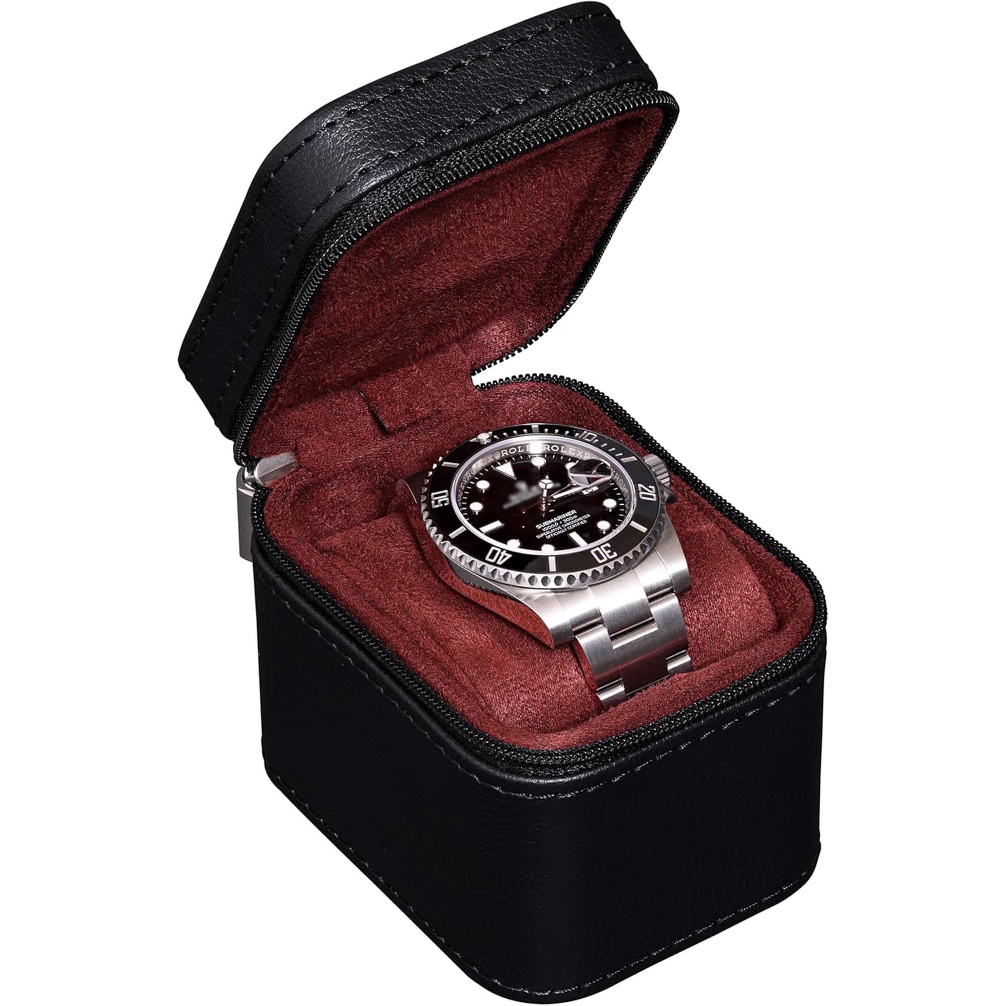 ROTHWELL Single Watch Travel Case | Compact PU Leather Protective Box with Microsuede Interior | Fits Watches & Smartwatches Up to 55mm (Black/Red)