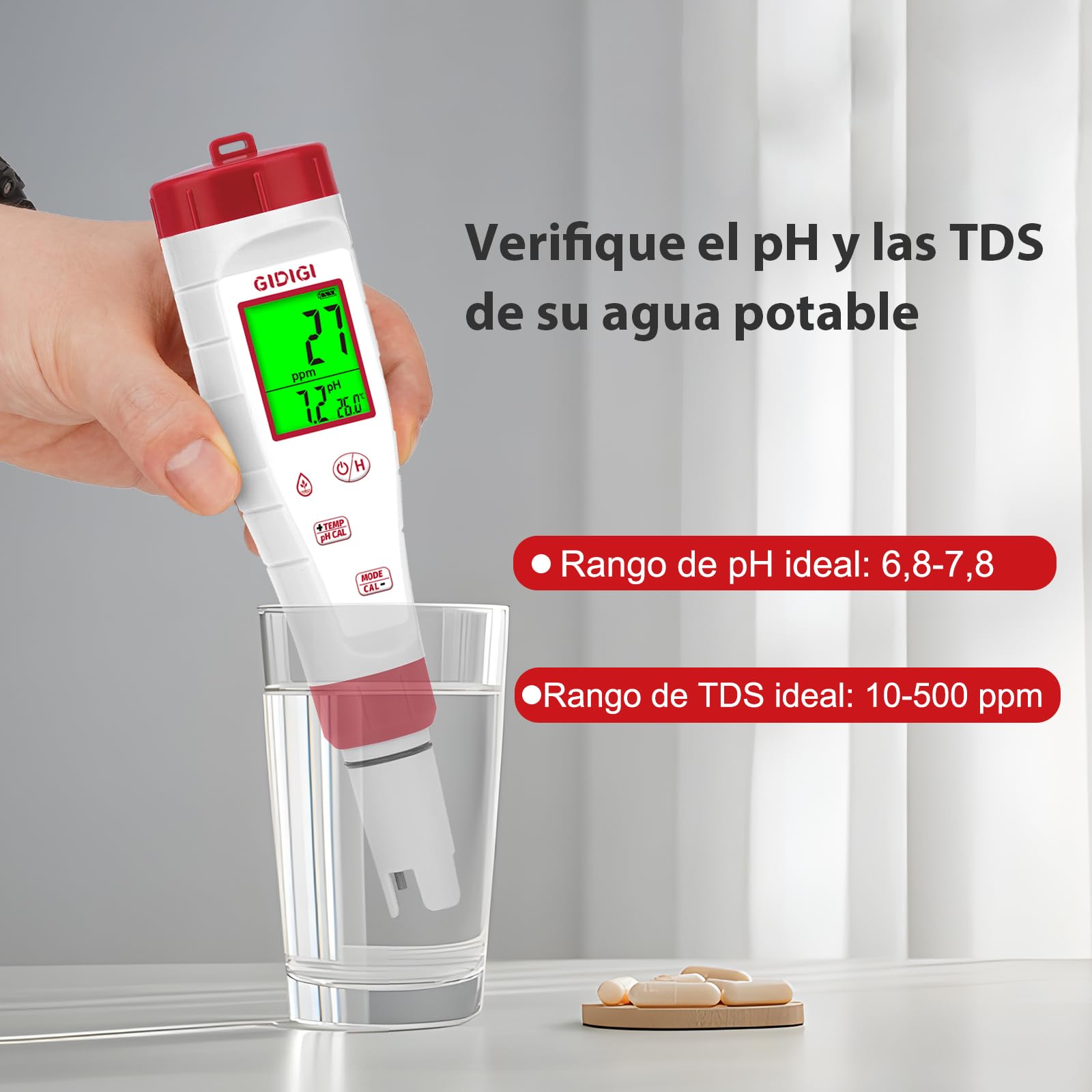 Medidor TDS pH EC 4 en 1 ph-metro para agua potable hidroponía acuario