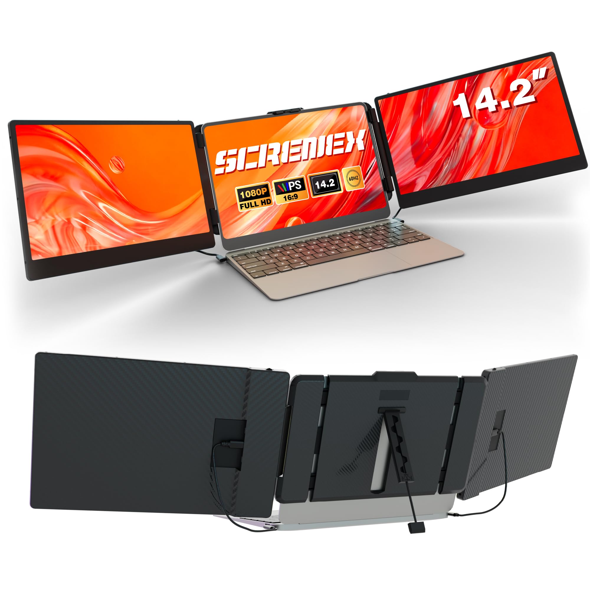 Triple Screen Laptop Extender, 14.2" Portable Multi Monitor FHD 1080P IPS Ultra-Thin, HDMI/USB-A/Type-C & Plug & Play, Fits 13-17" Laptops, Compatible with Windows/macOS/Android/Switch