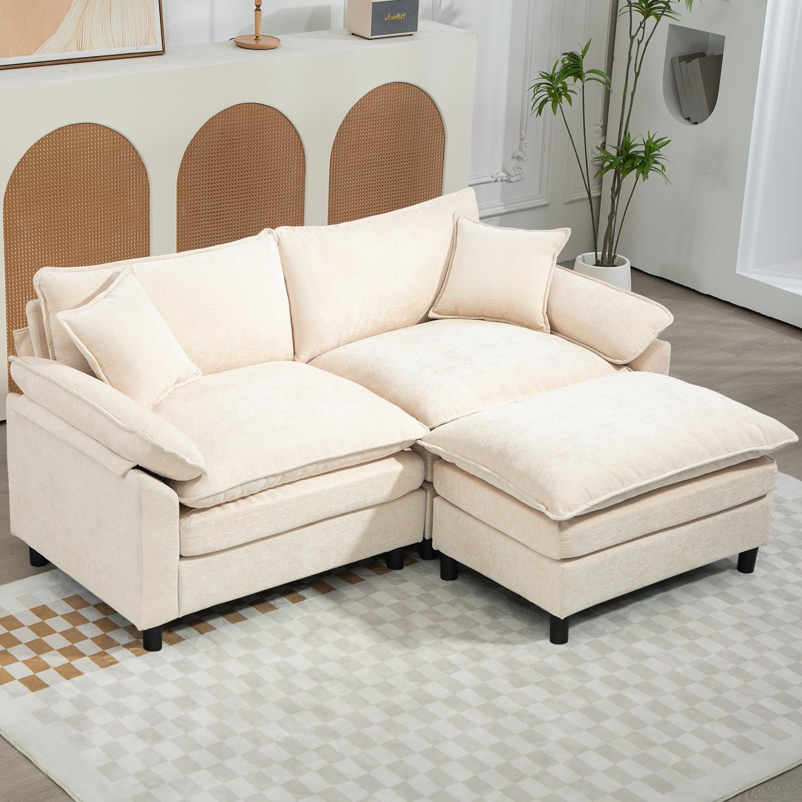 Oversized Modular Sectional Sofa, 80 Inch L Shaped Cloud Couch Set, 2-Seat Comfy Convertible Sofa with 1 Movable Ottoman, DIY Combination Sleeper Couch for Living Room(Chenille, Beige) 2-Seat & 1-Ottoman(L) Beige