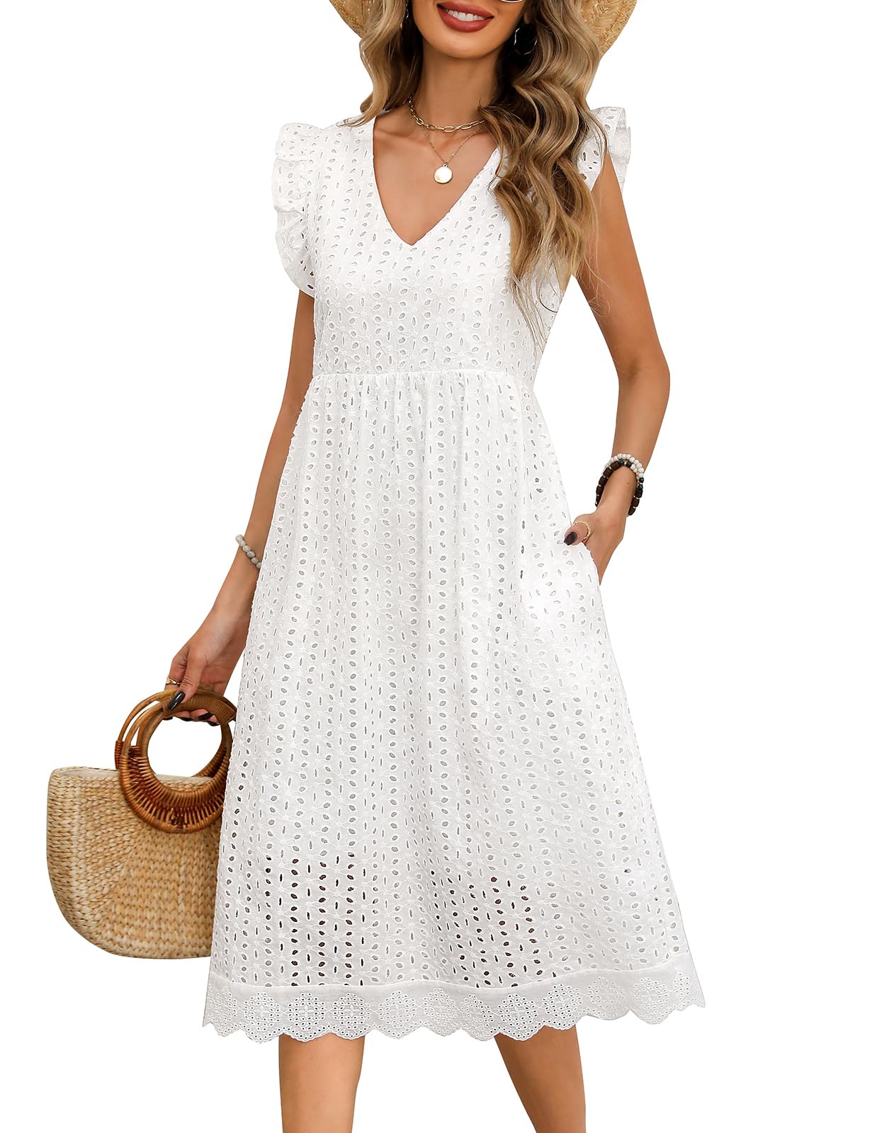 UMIPUBO Sommerkleid Damen V-Ausschnitt Ärmellos Midi Kleider mit Taschen Baumwolle Knielang Freizeitkleid Elegant Boho Strandkleid Frauen Casual