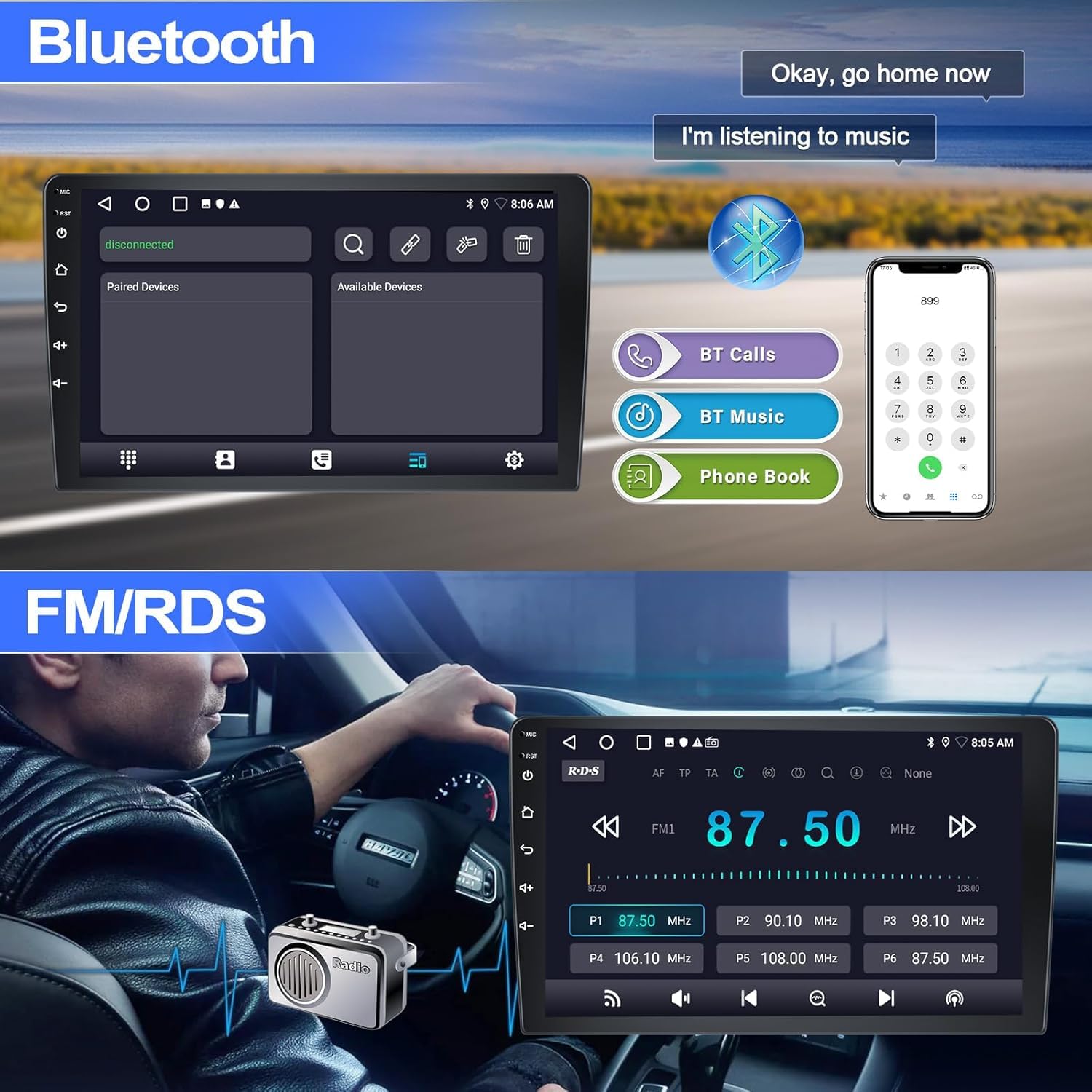 CAMECHO 2+64G Android 15 Carplay Autoradio per Fiat Bravo 2008-2013, Nav Wireless Carplay Android Auto, Schermo da 9" Radio WiFi Bluetooth Mirror Link FM/RDS EQ GPS