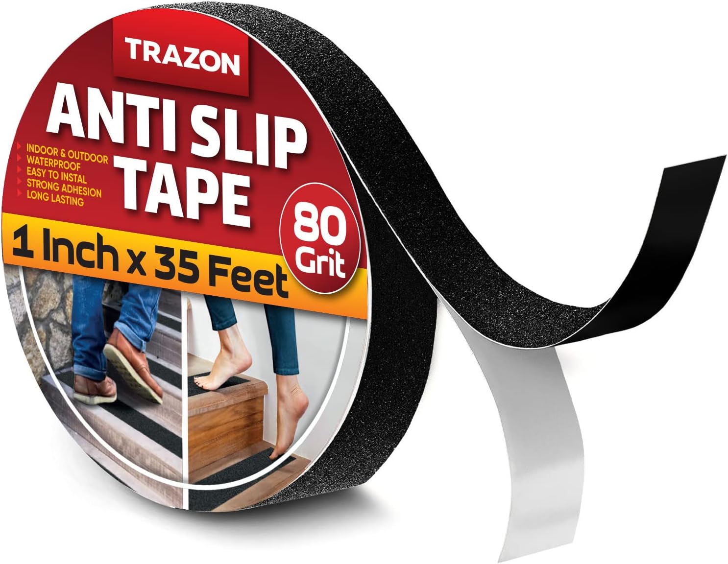 Grip Tape - Heavy Duty Anti Slip Tape for Stairs Outdoor/Indoor Waterproof 1Inch x 35Ft Safety Non Skid Roll for Stair Steps Traction Tread Staircases Grips Adhesive Non Slip Strips Nonslip Walk Black