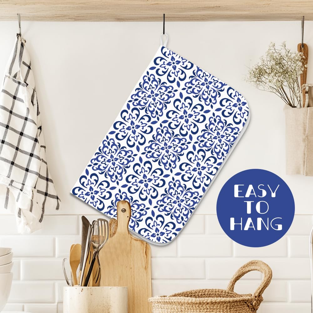 INFUNLY Tapis de séchage à vaisselle motif floral bleu, 45 x 60 cm, motif mandala bohème, tapis d'égouttoir méditerranéen, tapis de séchage à imprimé floral bleu pour table, comptoir, évier, café, bar