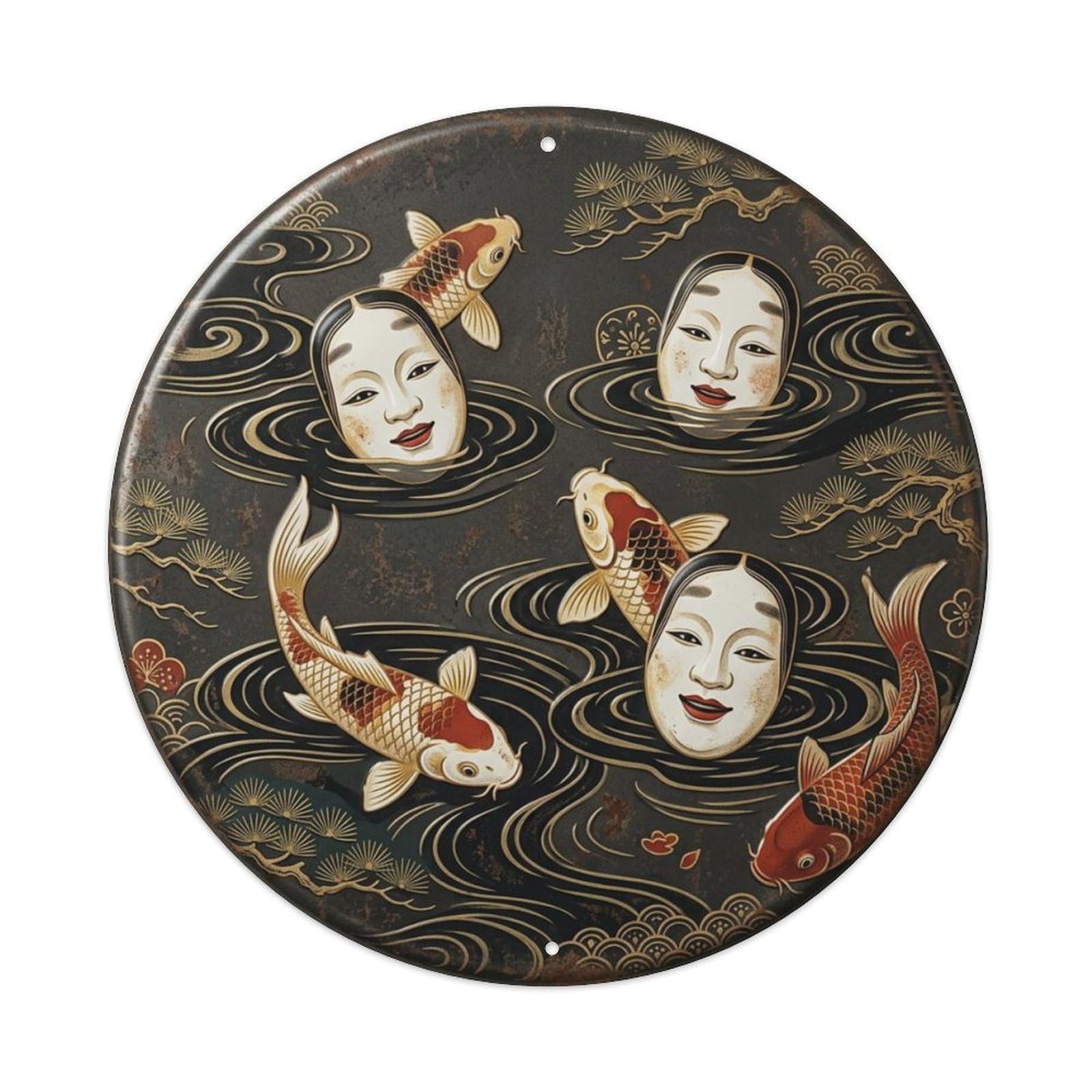 Noh Mask Theater Koi Fish Metal Tin Sign Plaque Wall Decor for Cafe, Club Bar, Office, Home Garden Round Metal Poster 8x8Inch