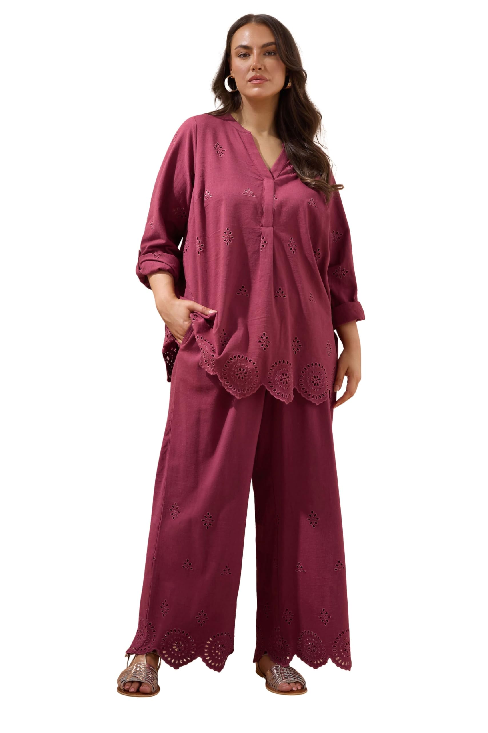 Evans Women's Burgundy Curve Red Broderie Hem Linen Trousers - Plus Size Curve
