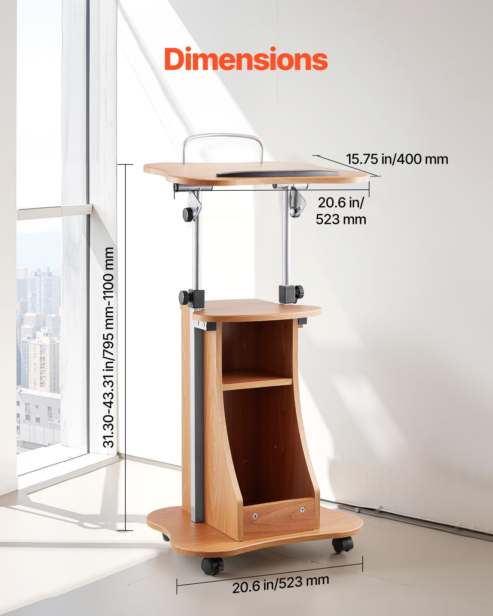 VEVOR Supporto per Podio, Capacità di Peso 10 kg Podio per Conferenze con Ruote Bloccabili, Ampia Superficie di Lettura e Vano Portaoggetti Aperto, Altezza e Angolazione Regolabili, per Discorsi