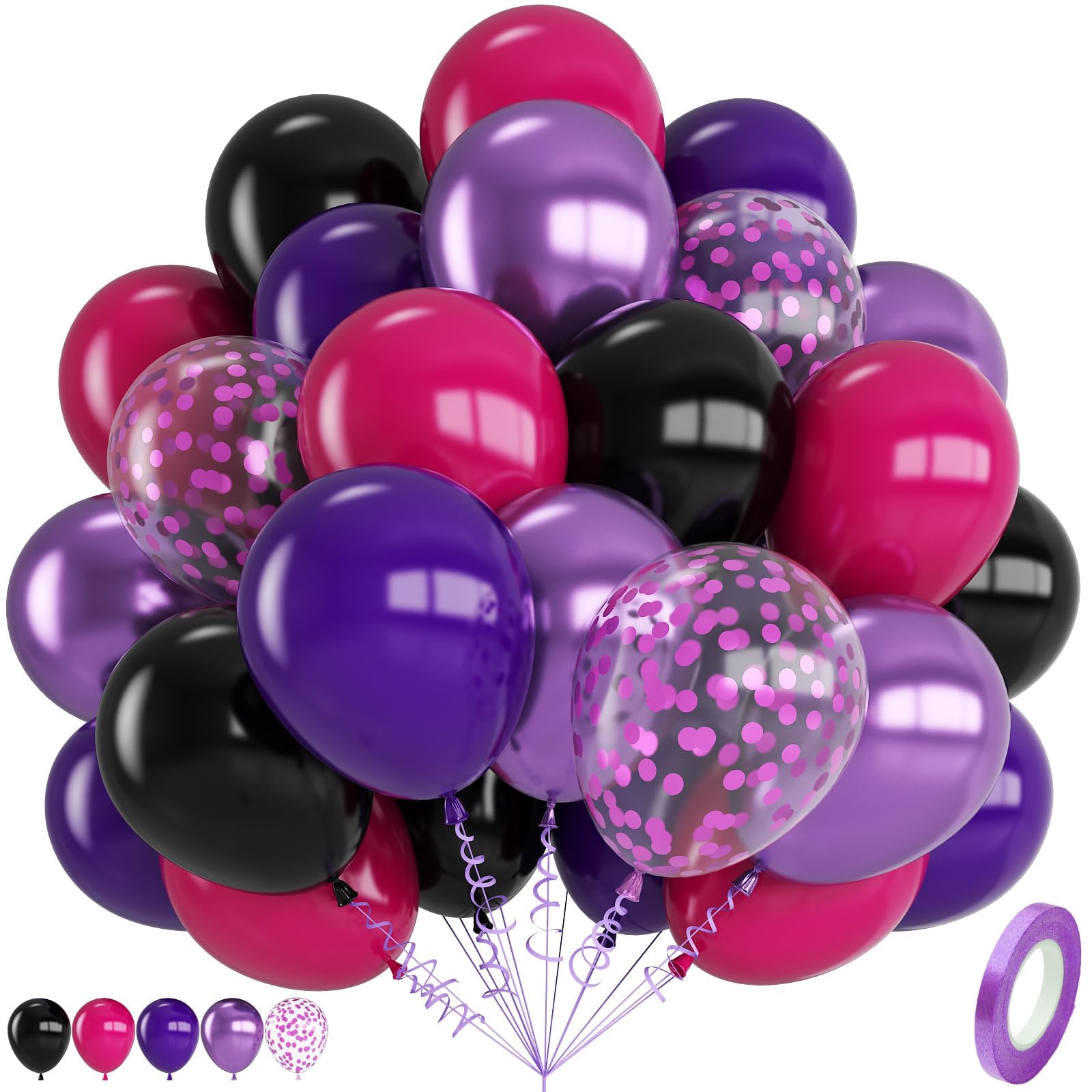 Black Purple Balloons, 12 Inch Hot Pink Black Party Balloons, Metallic Purple Black Hot Pink Matte Purple Latex Balloon with Confetti Balloon for Kids