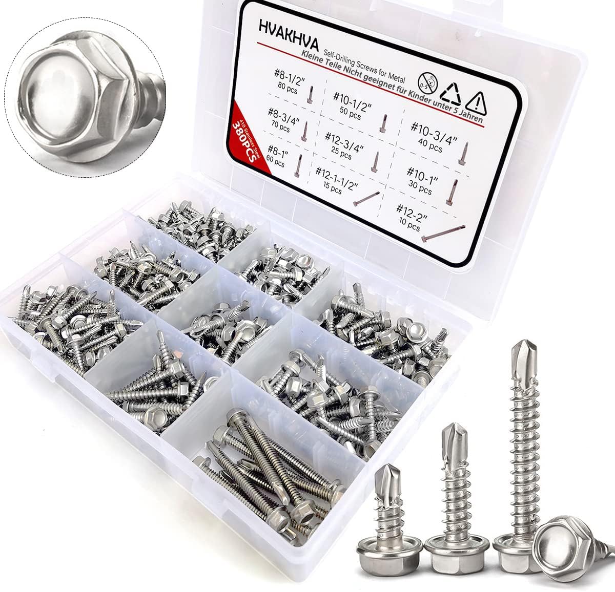 410 Stainless Steel Self Tapping TEK Screws Assortment,380 pcs #8#10#12 Hex Head Self Drilling Screws for Metal,Length 1/2" to 2"