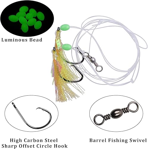 Miniatura 8 de Aparejos de pesca para cebo de agua salada, aparejos de bacalao de roca de pesca, anzuelos intermitentes con cuentas luminosas, línea de pesca