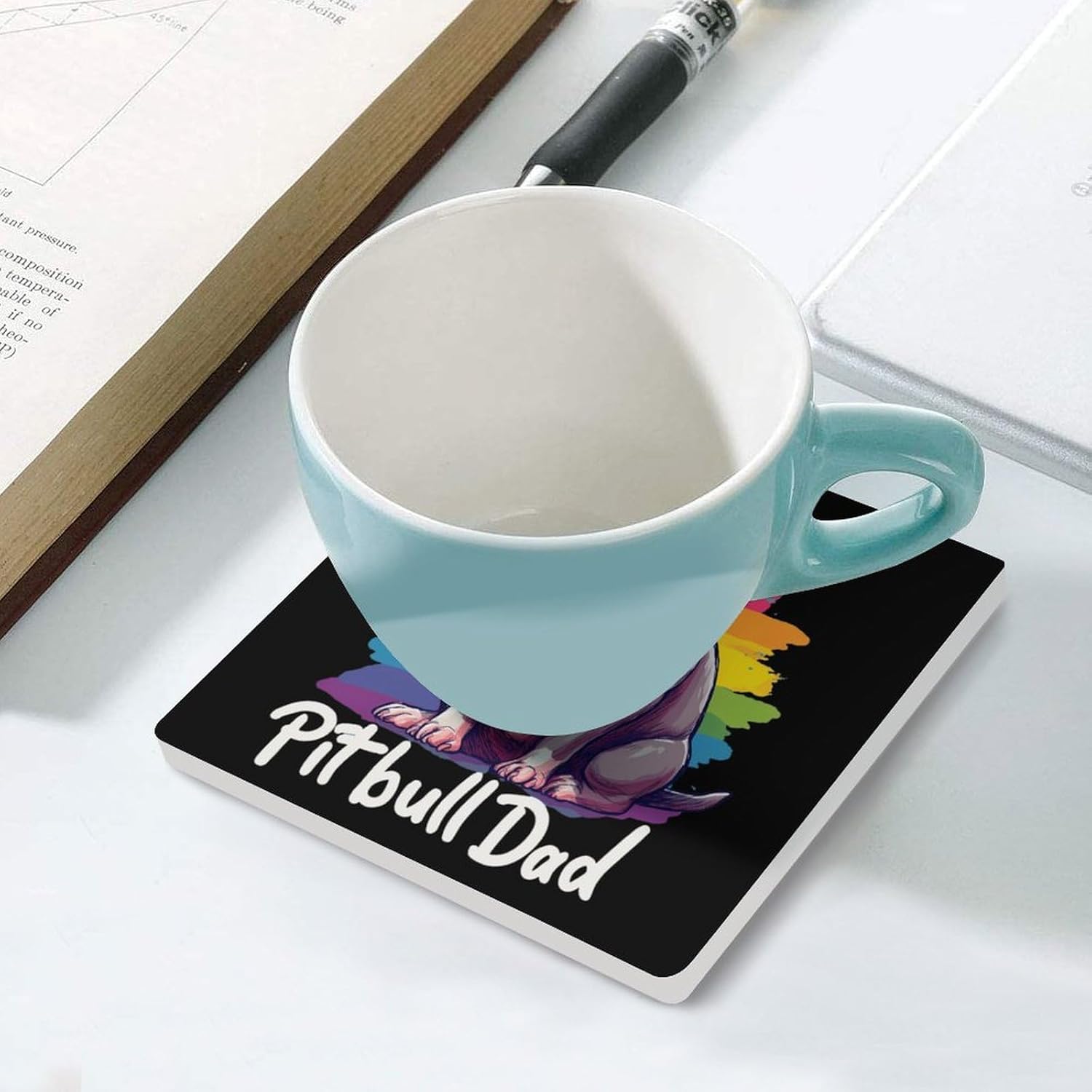 Pitbull Dad Coaster for Drinks Square Ceramic Table Coasters Stone Mat Crafts 6PCS Home Kitchen Decor