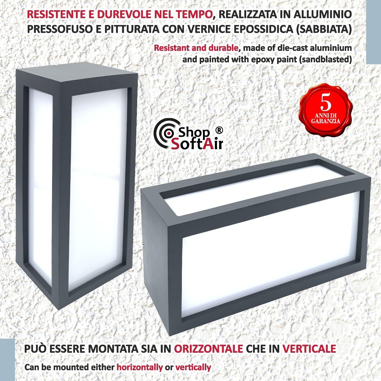 Applique lampada parete da esterno bianco ip54 rettangolare moderna per facciata balcone terrazza - garanzia 5 anni (Antracite)