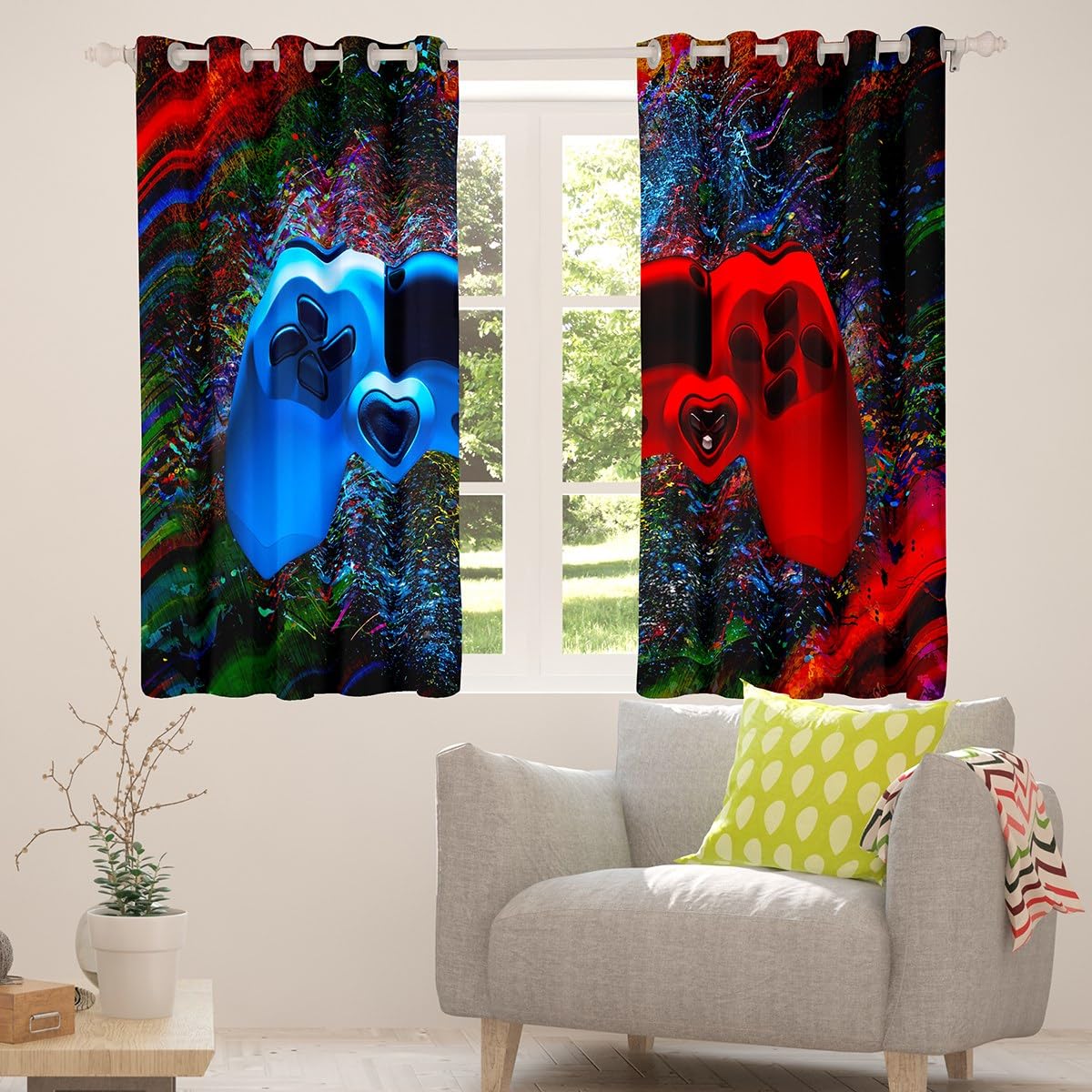 Loussiesd Tende per finestre, per camera da letto dei ragazzi, decorazione per la stanza dei videogiochi, tende per finestra, motivo gamepad, colore nero, rosso fluo, blu, fulmini, tendaggi per