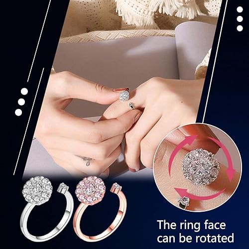 Vista 2 de iLH Clearance Good Luck Rings,Women Rotating Open Spinner Anxiety Ring Flower Adjustable Zircon Rings Wedding Jewelry Gift