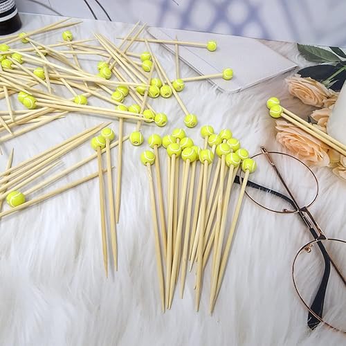 Miniatura 4 de Honbay 100 piezas decorativas de bola deportiva para cóctel, tenis, bambú, frutas, palillos de madera para cóctel, para aperitivos, recuerdos de